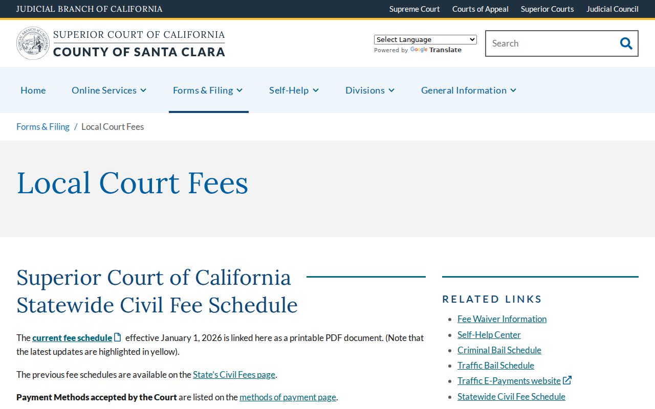 Santa Clara County criminal court case fee schedule