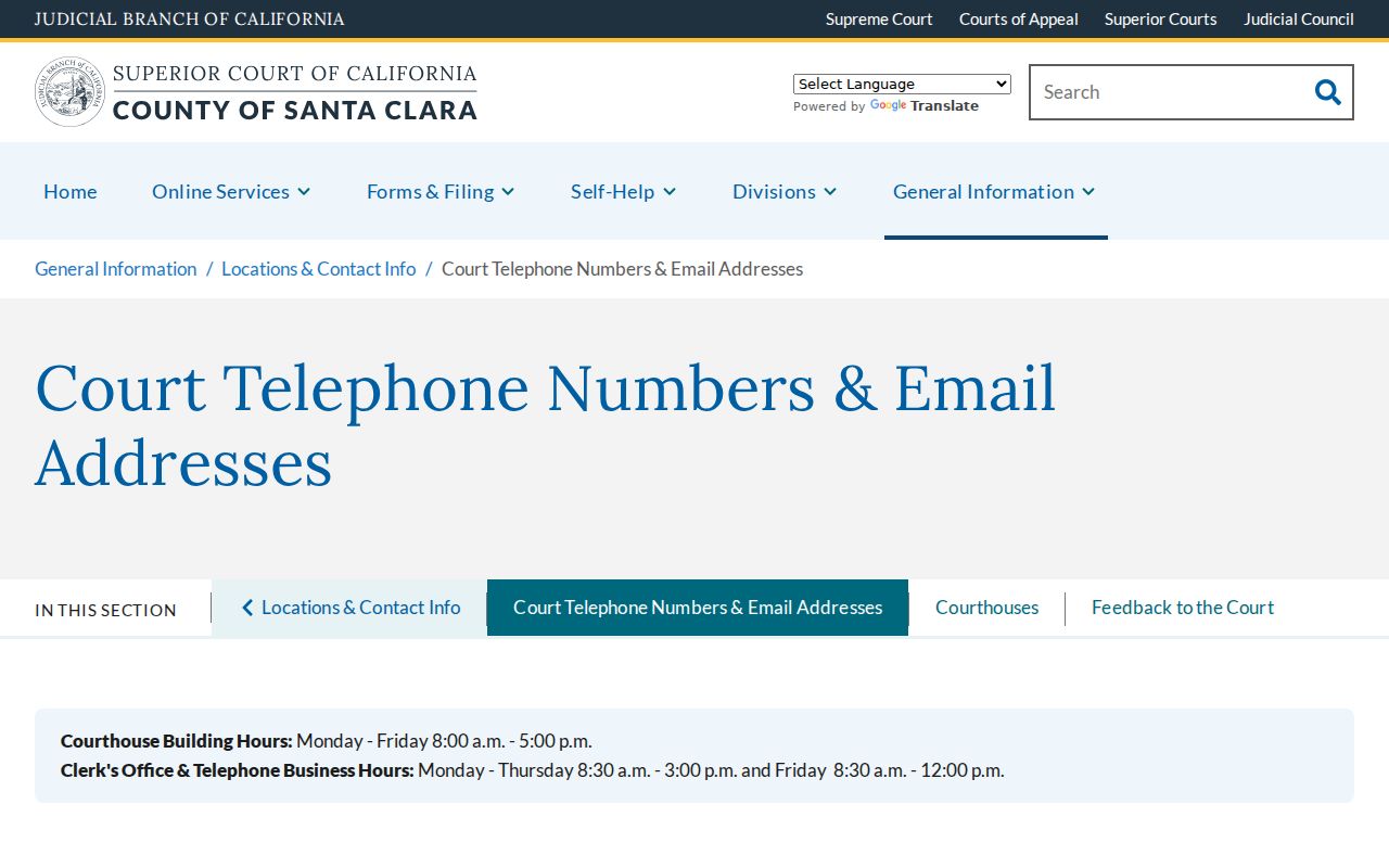 Santa Clara County criminal court clerk phone and email directory