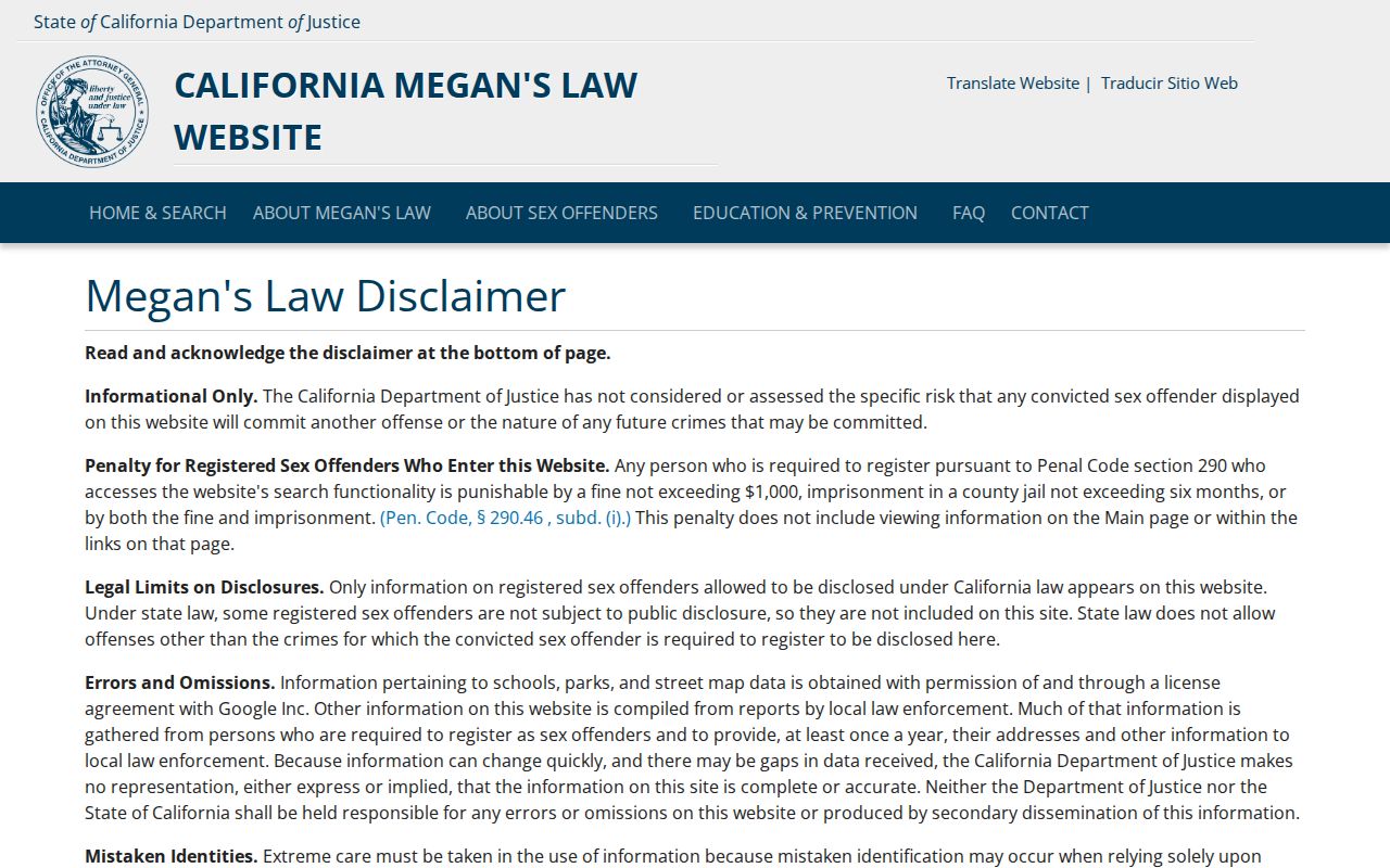 Santa Clara County sex offender criminal record Megan's Law disclaimer